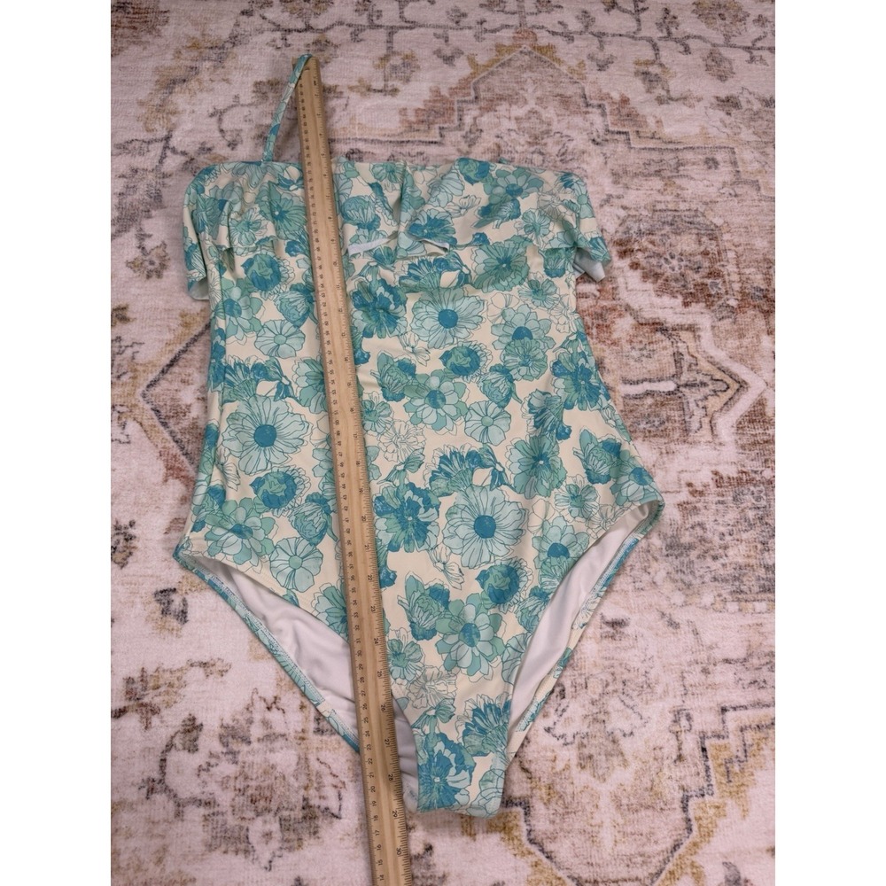 NEW Shade & Shore Womens Large Blue Floral Ruffle Bandeau One Piece Swimsuit - Picture 4 of 9